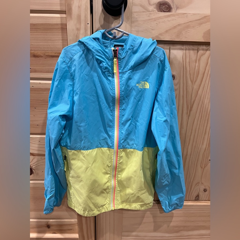 The North Face hooded windbreaker Color Block Yellow & Blue Girls 10/12 EUC